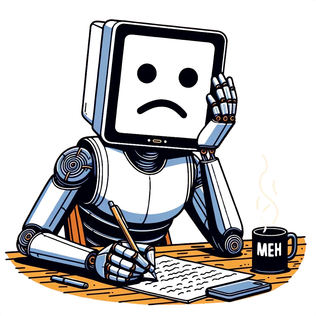 Robot writing with pencil, coffee mug with 'MEH'.