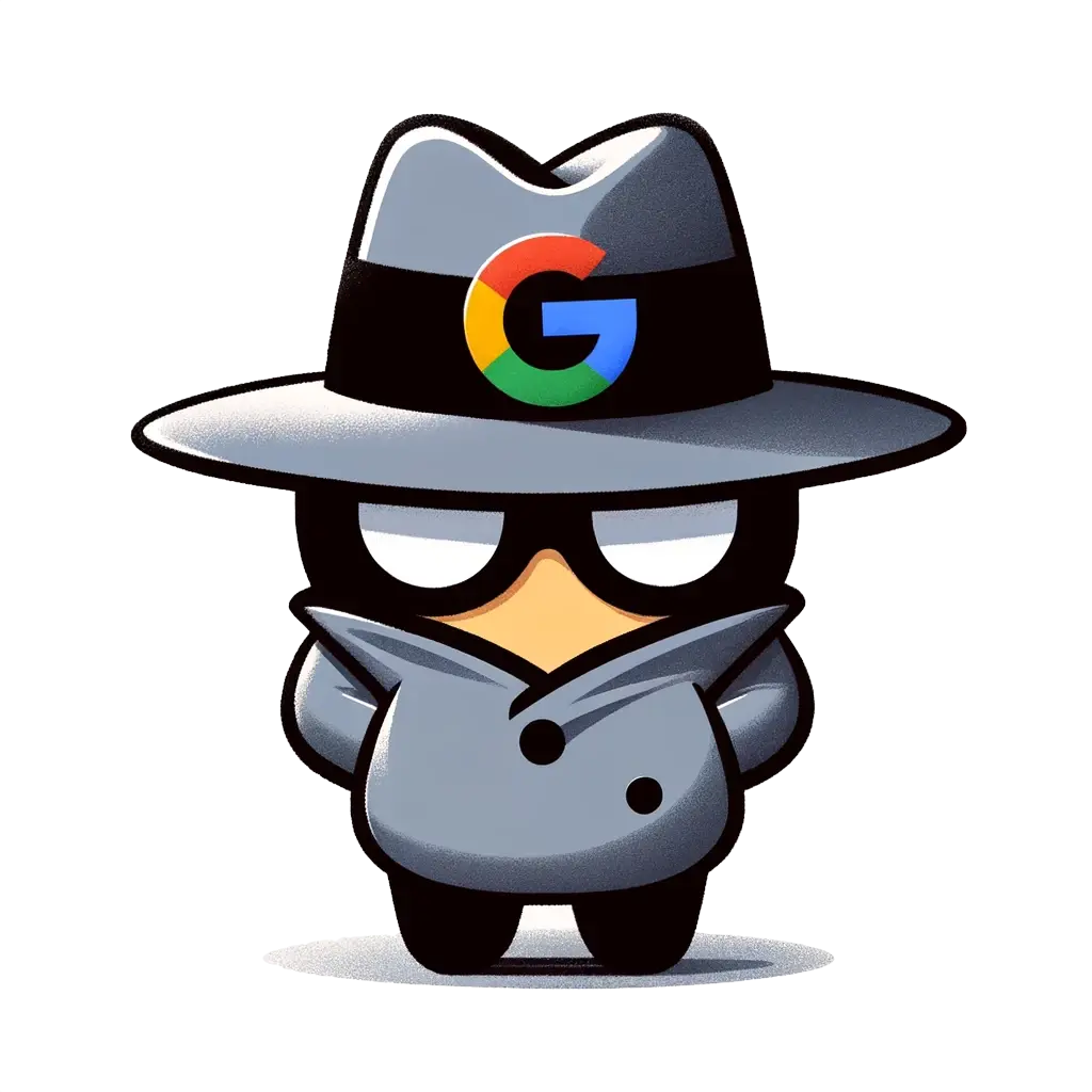 Cartoon detective with Google logo hat.
