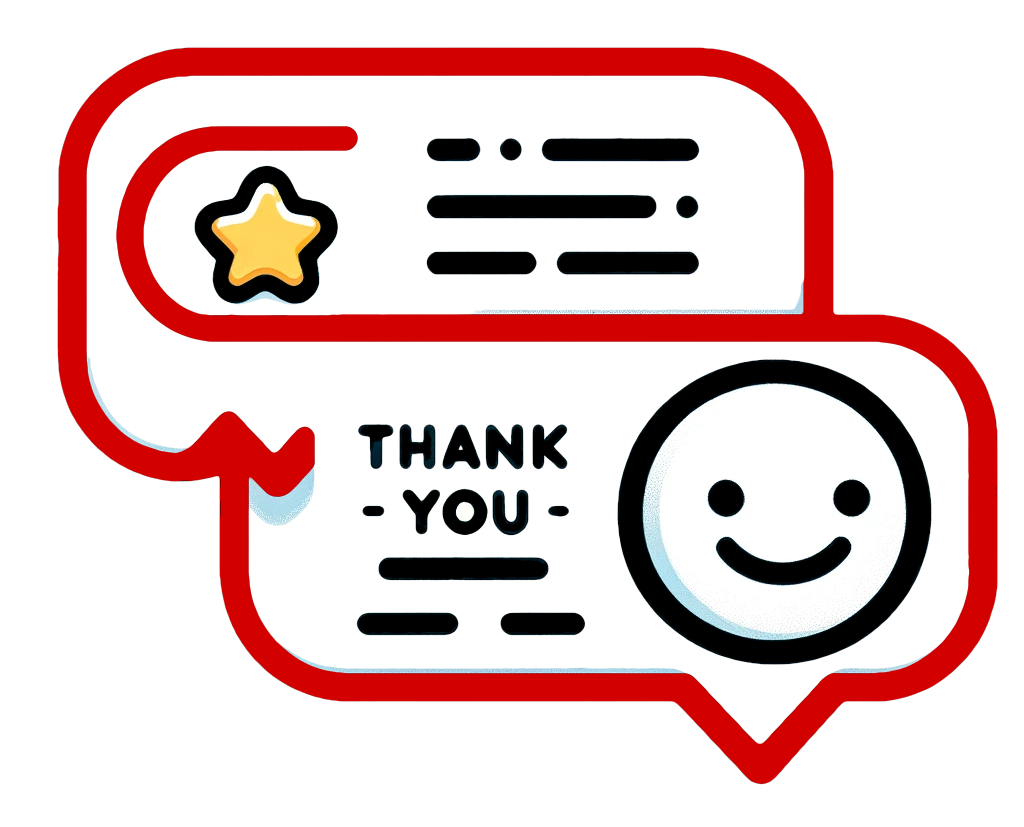 Thank you message bubbles with smiley and star icons.