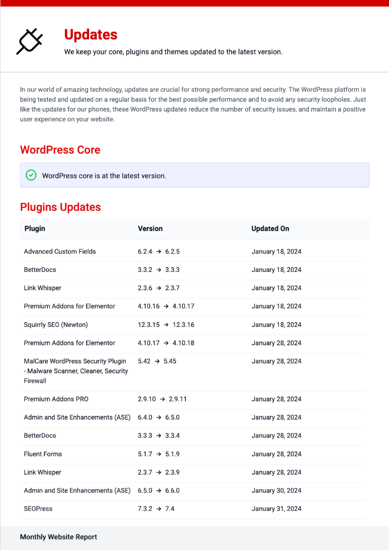 Screenshot of WordPress updates page.