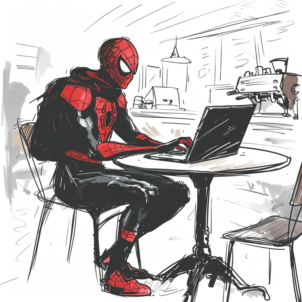 Spiderman costume-clad person using laptop at cafe.