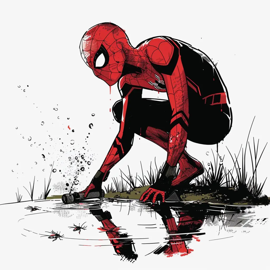 Spiderman agachado junto al agua, ilustración de pose reflectante.
