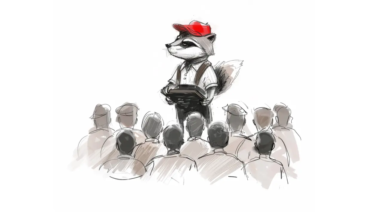 Ilustración de un orador mapache dirigiéndose a un público.