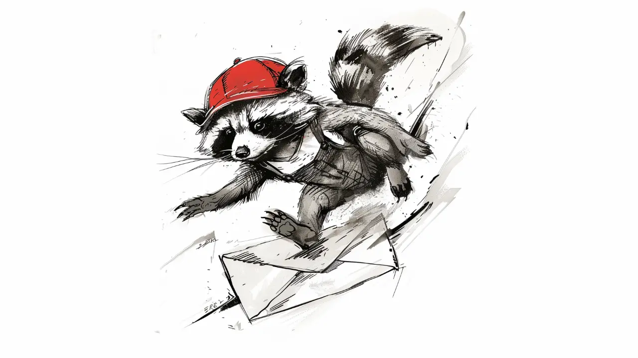 Illustration of skateboarding raccoon in red hat.