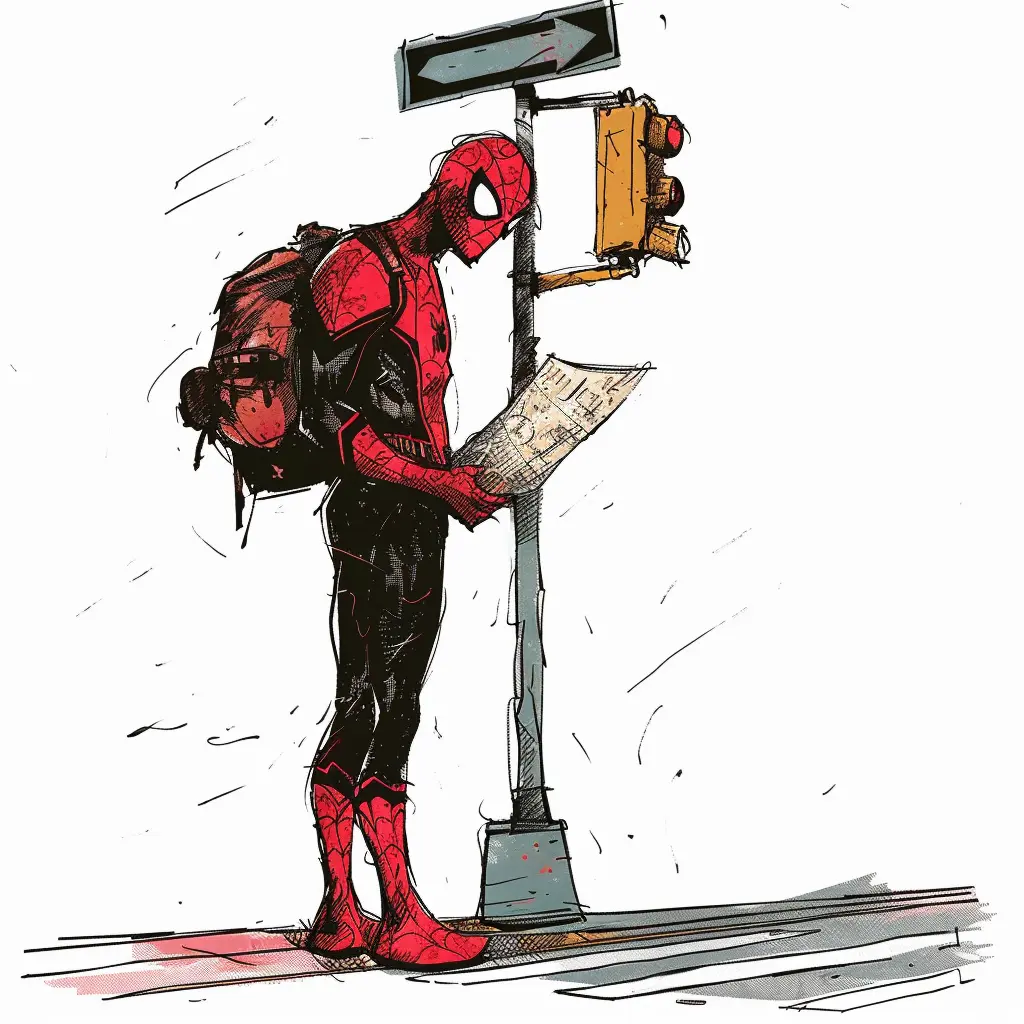 Illustration of superhero with map at street corner.