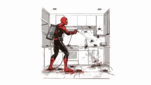 Spider-Man battles pests in kitchen.