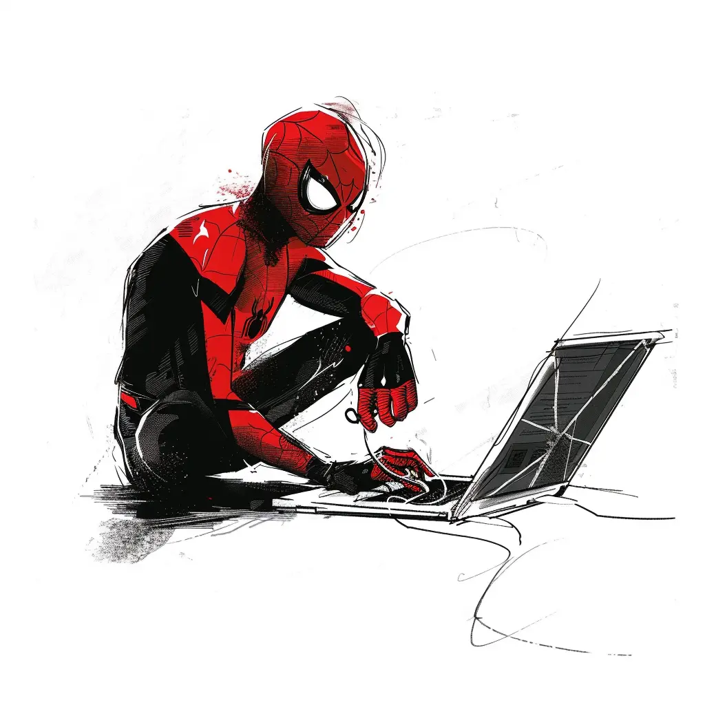 Ilustración de Spiderman usando un portátil.