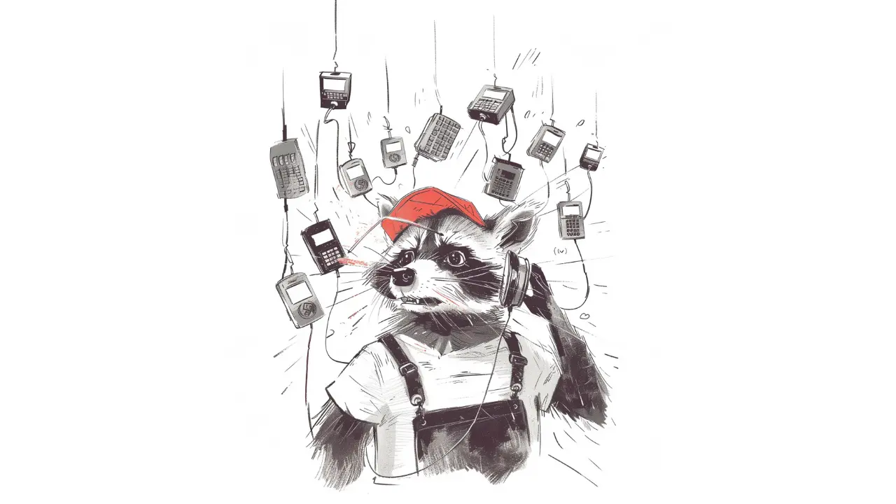 Illustration of raccoon with headphones among falling pagers.