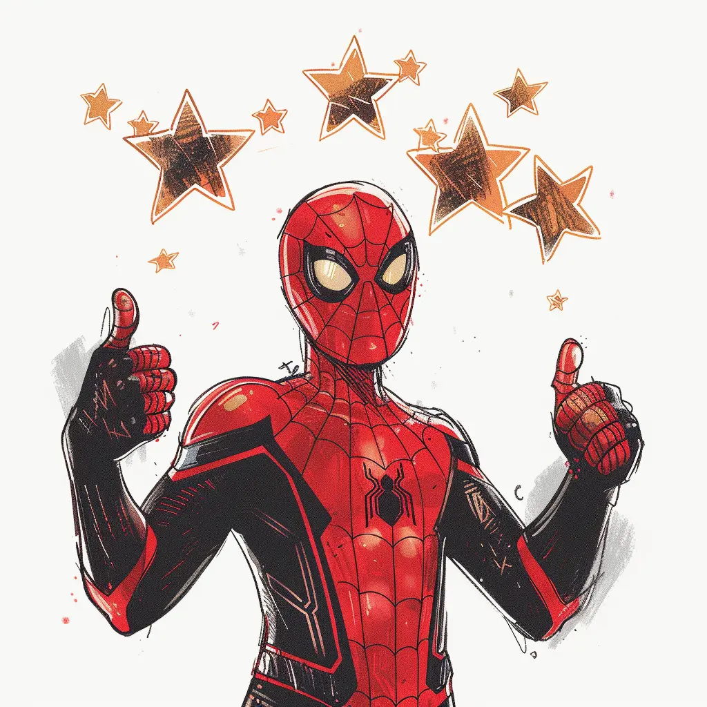 Ilustración de Spiderman con pulgares hacia arriba y estrellas.