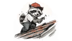 Illustrated raccoon hammering nail on wooden surface.