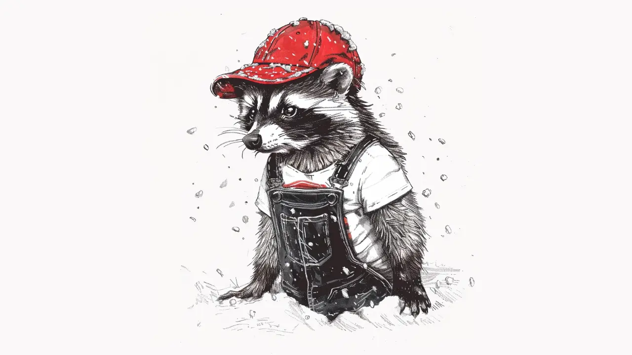 Illustration of raccoon wearing red cap and overalls.