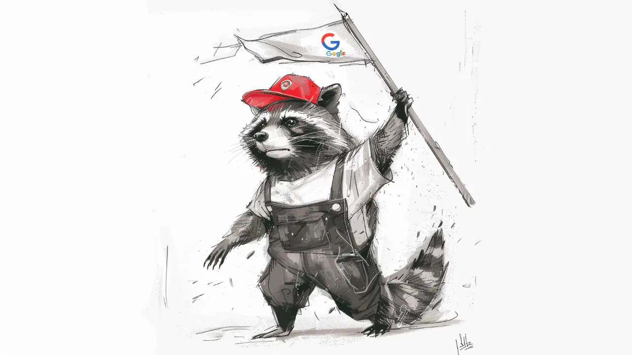 Raccoon in overalls holding flag with Google logo.