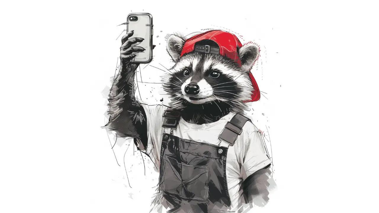 Mapache con sombrero rojo tomando selfie ilustración.