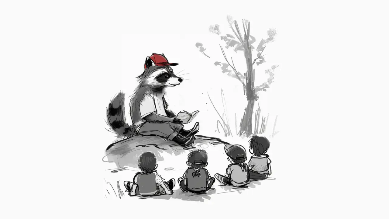 Raccoon reading to attentive children outdoors.