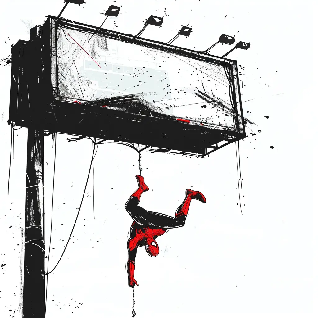 Illustration: Stylized superhero hanging from a billboard.
