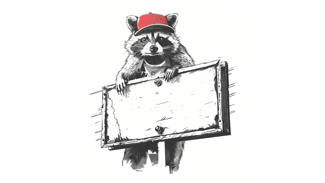 Ilustración de mapache sosteniendo cartel en blanco con gorra roja.