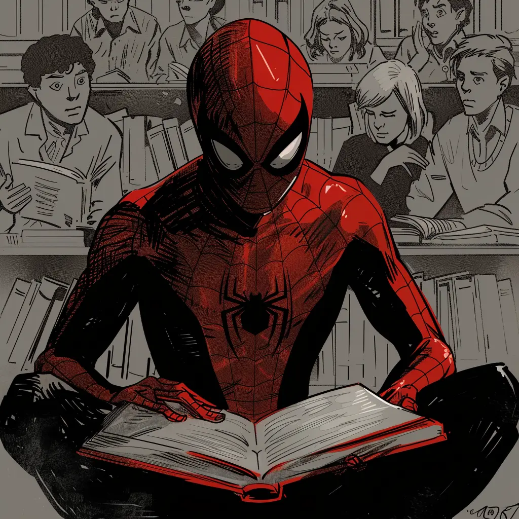 Spiderman leyendo en una biblioteca rodeado de estudiantes.