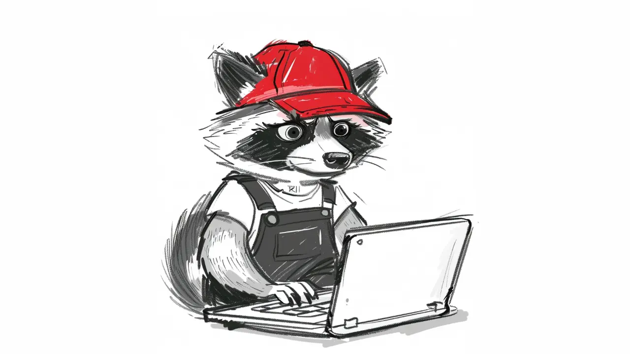 Illustration of raccoon using laptop, wearing red hat.