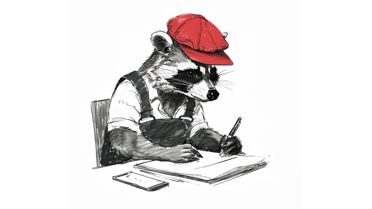 Illustrated raccoon writing with pen on paper.